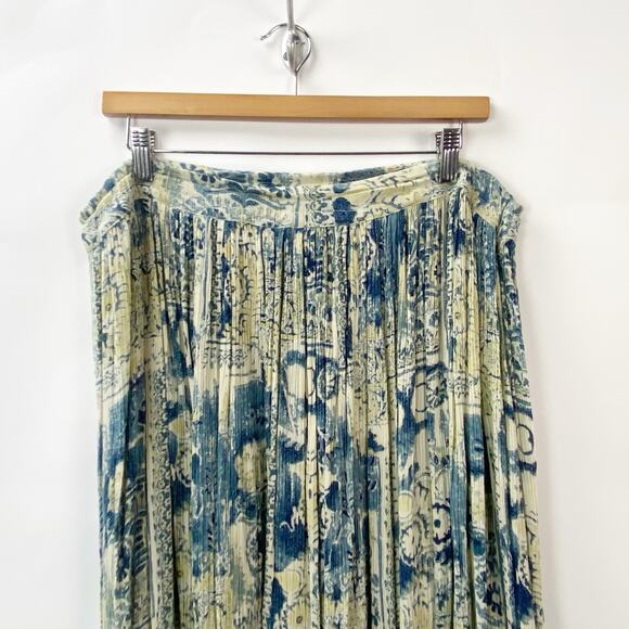 2/$30 Vintage Large Womens Cream/Blue High Waisted Pleated A-Line Midi Skirt - Picture 3 of 8